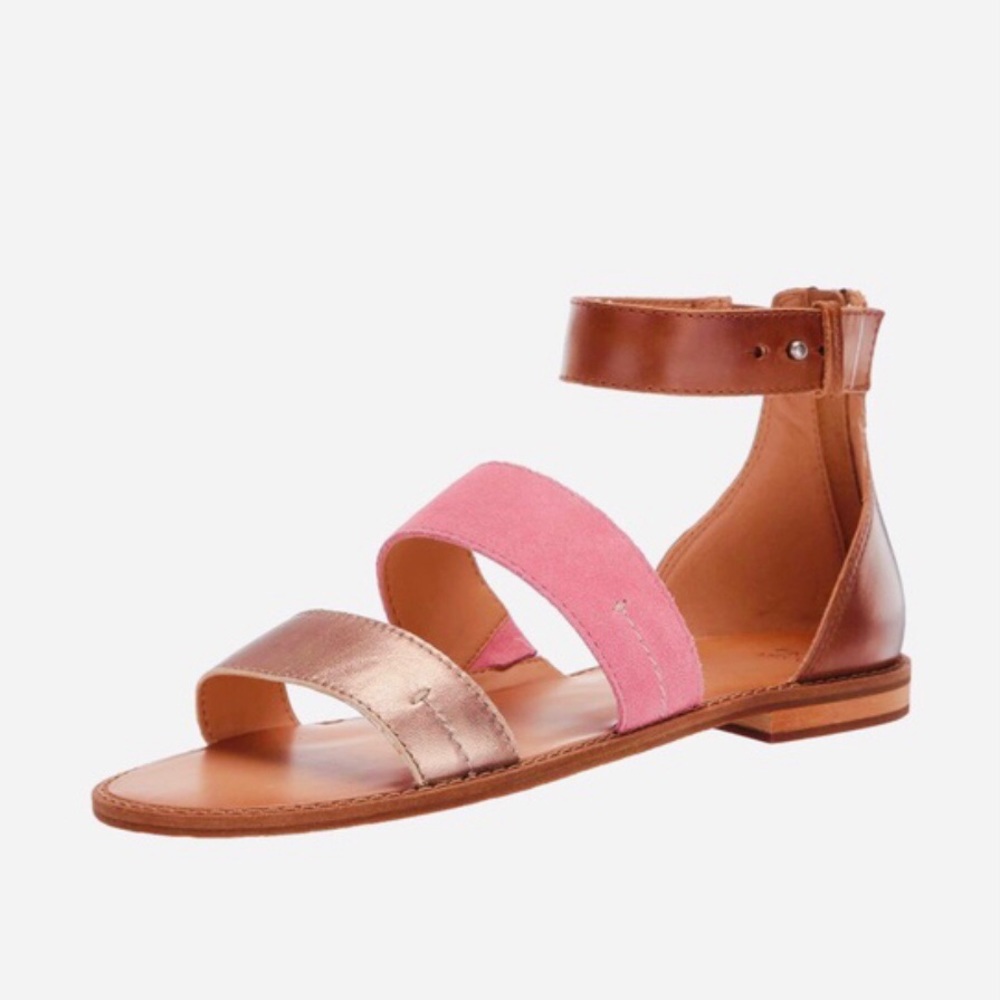 Frye Evie Leather Bojo Pink Sandals Flat Back Zipper Ankle Strap Size 8.5 NIB